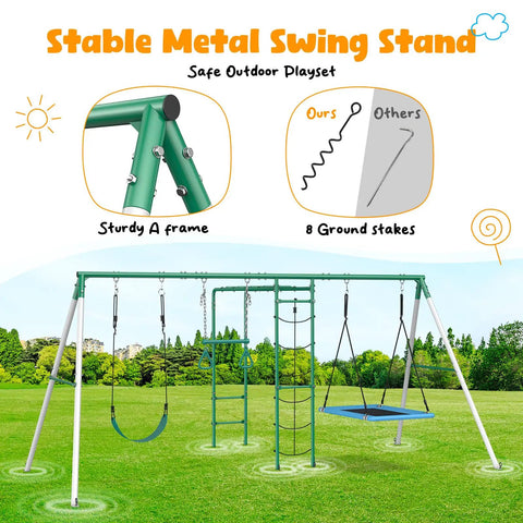 Backyard Swing Set With Monkey Bars, Belt Swing, Platform Swing, Climbing Net And Trapeze Bar For Kids in a green metal frame