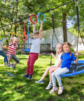 Children playing on 65-Foot Ninja Warrior Obstacle Course For Kids With Swing And 11 Obstacles For Backyard Tree Slackline Jungle Gym Outdoor Playset With Saucer Swing 360 Degree Rotation Ninja Twister Trapeze Bar Climbing Net Ladder.