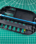 Aluminum Center Drive Shaft With Diff Joint Cups Upgrade Kit installed in Tamiya TT01 RC car showing blue aluminum shaft detail