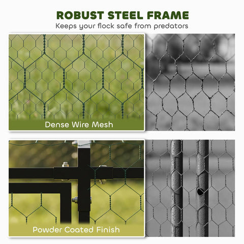 Close-up of wire mesh and powder-coated steel frame for large outdoor metal chicken coop run with weatherproof anti UV cover.