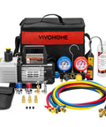 Knockout Performance One Third Hp Five Cfm Ac Vacuum Pump And Four Way Manifold Gauge Set With R134a Couplers Can Taps Color Coded Hoses