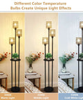 Boho Floor Lamp With Shelves And Three Lights, Farmhouse Tall Rustic Standing Lamp With Rattan Shades, On Off Switch; warm to cool light