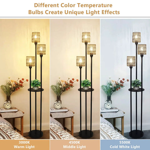 Boho Floor Lamp With Shelves And Three Lights, Farmhouse Tall Rustic Standing Lamp With Rattan Shades, On Off Switch; warm to cool light