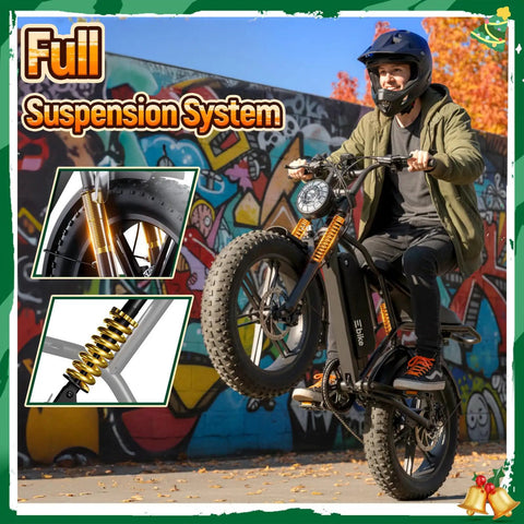 Person riding Beast Fat Tire Electric Bike For Adults With 1500W Peak Motor and 60 Mile Range, 48V 15Ah Battery, 20 Inch Dual Suspension