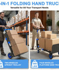 3 In 1 Folding Hand Truck With 500lbs Capacity shown as two-wheeled dolly and four-wheeled platform, carrying cardboard boxes