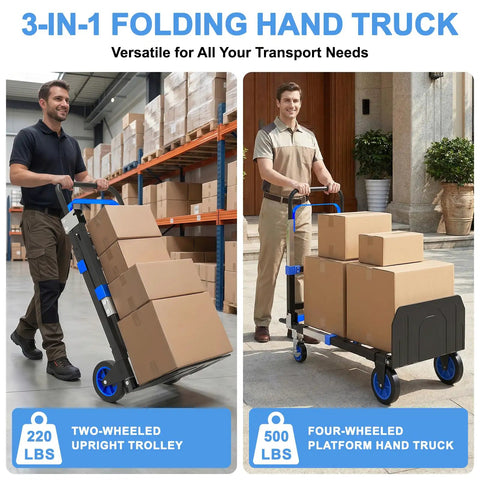 3 In 1 Folding Hand Truck With 500lbs Capacity shown as two-wheeled dolly and four-wheeled platform, carrying cardboard boxes