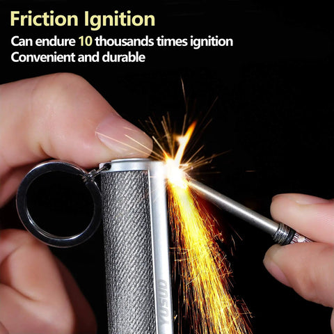 Person using 2 Pack Permanent Infinity Match Lighters With Multitool Keychains Reusable Waterproof Strike Anywhere Flint Fire Starters For Outdoor Survival EDC Gear For Men Fuel Not Included