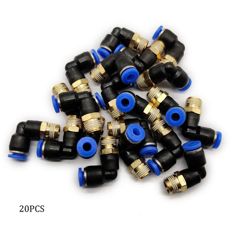 Push To Connect 90 Degree Elbow Fitting For 4Mm Tube OD To G1-8 Thread, pack of 20, plastic and brass material, top view
