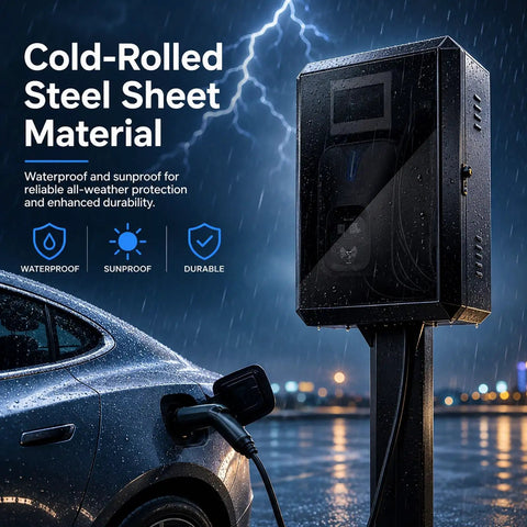Built Like A Tank Outdoor EV Charger Enclosure With Sturdy Pedestal Stand And Combination Lock in rain, showcasing cold-rolled steel material.