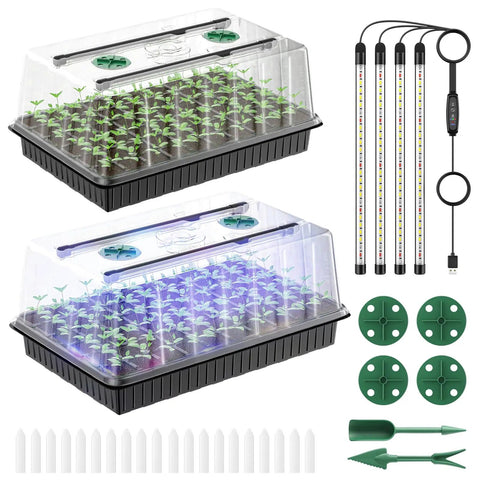 80 Cell Seed Starter Trays Kit With Adjustable Grow Light Bars And Full Spectrum LED 3 Point 5 Inch Humidity Domes Reusable Seed Germination Trays