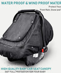 Waterproof Baby Car Seat Cover For Winter And Rain, Windproof Infant Canopy With Breathable Side Vents And Soft Minky Dot Lining, Black