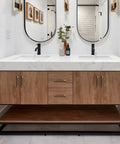 Bathroom vanity with set of five sleek solid brass and walnut wood cabinet pulls 4.7 inch dresser drawer handles visible.