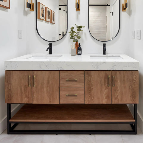 Bathroom vanity with set of five sleek solid brass and walnut wood cabinet pulls 4.7 inch dresser drawer handles visible.