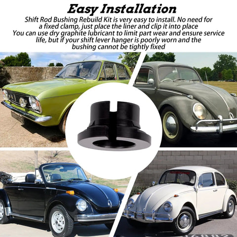 Air Cooled Vintage Volkswagen Shift Rod Bushing Upgrade for Classic Beetle, Karmann Ghia, Thing, Fastback, Bus and Type 3s, Fits 1960s to 1970s VW Models, Smooth Shifts, Durable, Easy Install with vintage VW cars in the background