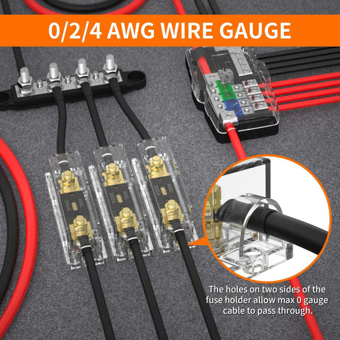 Beefy 300 Amp ANL Fuse Holder Kit With 300A ANL Fuse For Car Audio Systems ANL Fuse Block For 0 2 4 Gauge Wiring Transparent Crystal Cover And Gold Plated Terminals Durable 3 Pack, close-up of 300A fuse holders