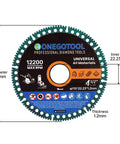 Image of a 4.5-inch diamond cutting disc for angle grinders, featuring 7/8-inch arbor and universal application icons.