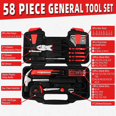 58 Piece Home Repair Tool Kit For Quick Fixes And Everyday Projects, Handy Small Plastic Toolbox Set For Women, Office And College Dorm, Red Basic Hand Tools Bundle For DIY, Furniture Assembly And Picture Hanging, showing open toolbox with tools