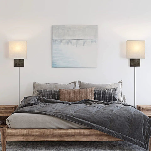 Bedroom with Bedside Wall Lamp Set Of 2 With Plug-In Cord, Modern Sconces With Dual USB And AC Outlet, Black Finish Nightstand Wall Lights.