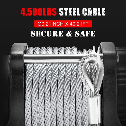 Heavy Duty 12V 4500Lbs ATV UTV Winch With Steel Cable And Wireless Remote Roller Fairlead 1.9 HP Motor close-up of steel cable