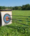 30 Inch Carbon Arrows 7 Pack With Removable Tips For Compound And Recurve Bows, 100 Grain Rotatable Broadheads, 500 Spine Practice Arrows, Hybrid Shaft For Lightweight Strength And Pinpoint Accuracy striking a target in a grassy field.