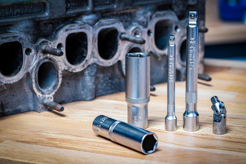 Master Grade 150 Piece Socket Set With Quarter Inch And Half Inch Drives Featuring Super Lock Sockets deep sizes and flexible ratchets.
