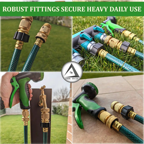 Image of Heavy Duty Brass Hose Quick Connect Fittings 3/4-Inch Garden Hose Quick Disconnect Set 4 Pack No Nonsense Premium Brass Construction, Rust Proof and Durable for Sprinklers, Faucets, Hoses, and Yard Tools in various outdoor setups.
