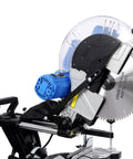 Heavy Duty Pro Grade Sliding Compound Miter Saw With 12 Inch 80 Tooth Blade and 15 Amp Motor, close-up view of motor and blade.
