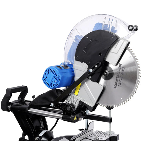 Heavy Duty Pro Grade Sliding Compound Miter Saw With 12 Inch 80 Tooth Blade and 15 Amp Motor, close-up view of motor and blade.
