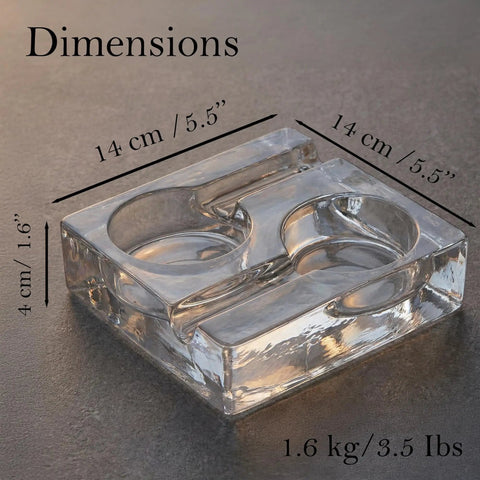 Clear Glass Cigar Ashtray Made From Premium Crystal, Heavyweight For Two Cigars, Modern Square Design, 14x14 cm, 1.6kg