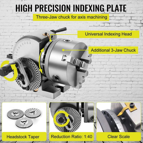 Heavy Duty Dividing Head With Precision Indexing Plates, features 3-jaw chuck for axis machining and universal indexing head.