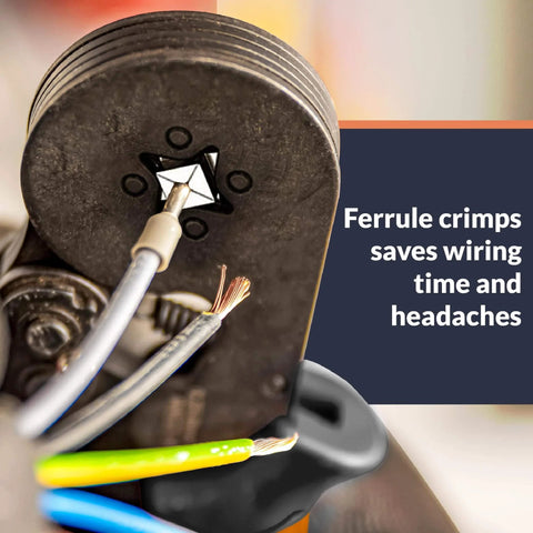 Close-up of Ferrule Crimping Tool Kit Pro Grade With Secure Wire Ferrule Nylon Case And 160 Electrical Wire Connectors in use