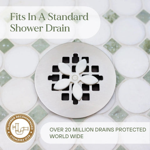 Shower Drain Hair Catcher Disposable Hair Trap Easy To Install Drain Cover No Mess Maintenance Helps Prevent Clogs For Long Hair White Flower 4 Pack As Seen On Shark Tank over shower drain with tile background