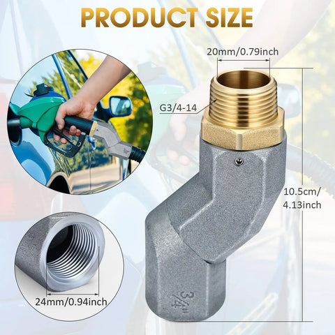 Gas Hose Swivel Three Quarter Inch With Three Quarter NPT Connector 360 Degree Rotating Zinc Alloy Fitting For Transfer Pump Nozzle Multi Plane Kit Heavy Duty Leak Resistant Durable Construction Grey, angled view with dimensions