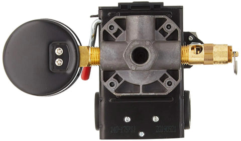 Heavy Duty 26 Amp Four Port Air Compressor Pressure Switch With 0 To 200 Psi Gauge And 200 Psi Pop Off Valve 145 To 175 Psi Range Works With 110 To 230 Volt Single Or Three Phase