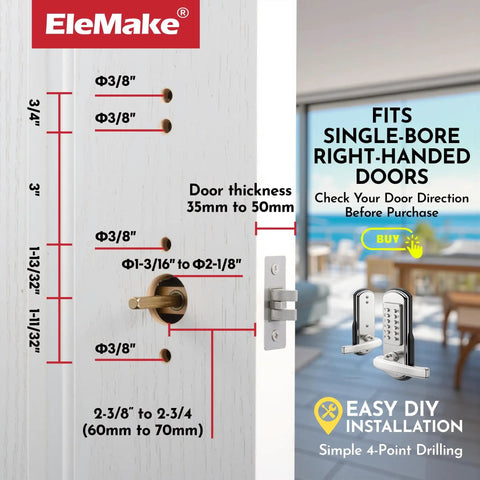 Keypad Door Lock With Keyless Entry Mechanical Combination Code Lock With Lever Handle Right Handed Stainless Steel 304 Door Lock Not A Deadbolt Easy Install Durable Security For Residential Doors installation diagram with measurements.