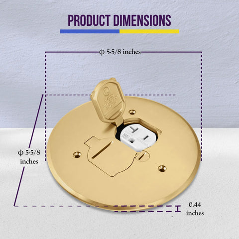 Five Point Six Two Five Inch Dual Flip Lid Floor Box Cover For 1 Gang 20A Tamper-Resistant Type A Duplex Outlet Brass With Watertight Gaskets UL Listed Weatherproof And Built To Last Outdoor Ready Receptacle Cap