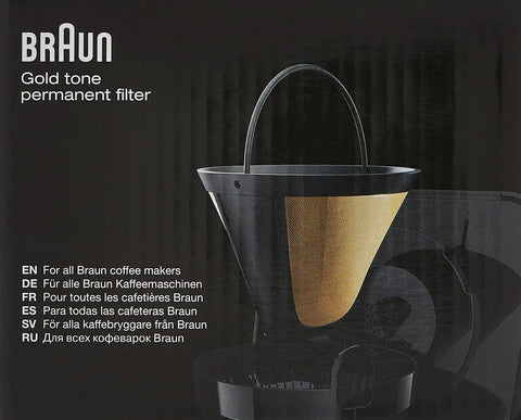 Gold Tone Permanent Coffee Filter Reusable Size Four Cone Shaped Fits Series 7 And Series 9 Coffee Makers Keeps Essential Oils In The Brew For Richer Flavor No Paper Waste Replacement BRSC002 in black coffee maker