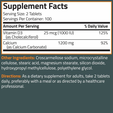 Supplement facts for Calcium 1200mg Plus Vitamin D3 1000 IU High Potency Mega Formula Non GMO 200 Tablets For Bone Health