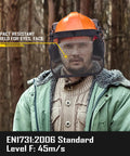Man wearing 3 In 1 Chainsaw Helmet With Metal Mesh Face Shield And Adjustable Earmuffs For Hearing Protection, orange forest gear.