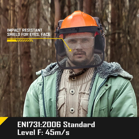 Man wearing 3 In 1 Chainsaw Helmet With Metal Mesh Face Shield And Adjustable Earmuffs For Hearing Protection, orange forest gear.