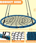 40 Inch Spider Web Saucer Swing With 750Lb Capacity For Kids Outdoor Backyard Playground Net Swing Easy Assembly Heavy Duty Tree Swing Durable Rope Construction For All Weather Kid Friendly Fun, showing blue and black web mat and adjustable ropes, 900D Oxford fabric.