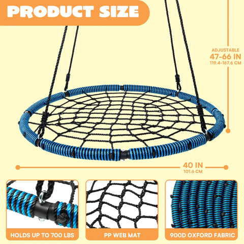 40 Inch Spider Web Saucer Swing With 750Lb Capacity For Kids Outdoor Backyard Playground Net Swing Easy Assembly Heavy Duty Tree Swing Durable Rope Construction For All Weather Kid Friendly Fun, showing blue and black web mat and adjustable ropes, 900D Oxford fabric.
