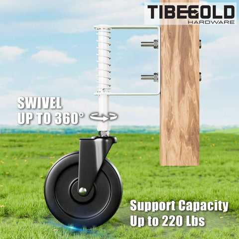 Heavy Duty 5 Inch Spring Loaded Gate Caster Smooth Operator Design For Outdoor Wooden Fences Rock Solid Anti Sag Support Wheel with 360 Degree Swivel.