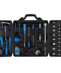 122 Piece Auto Tool Kit Set With Ratchet And Socket Wrenches In Blue Blow Molded Case For DIY Home Repairs open view
