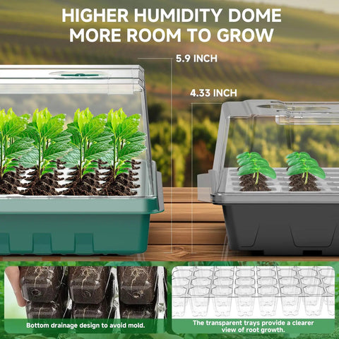 No Fuss All In One Indoor Seed Starter Kit with Color Changing Grow Lights showing 120-cell tray and adjustable humidity dome.