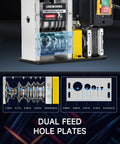 180W Automatic Wire Stripper Machine With Five Blades, showing dual feed plates and measurements for various wire sizes.