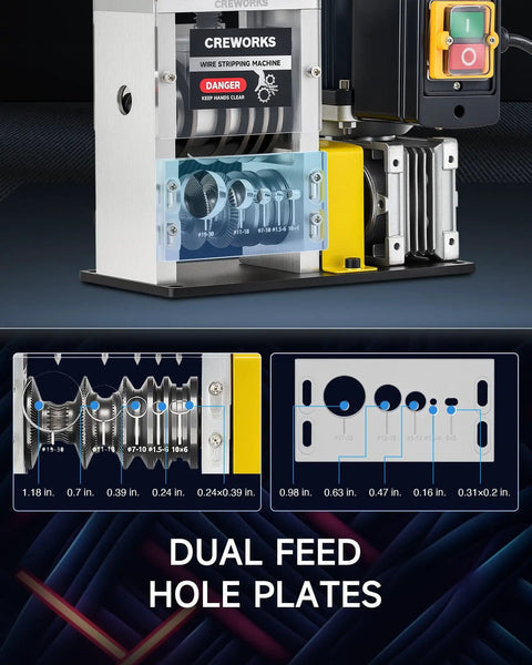 180W Automatic Wire Stripper Machine With Five Blades, showing dual feed plates and measurements for various wire sizes.