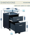 Heavy Duty Two Drawer Rolling File Cabinet With Secure Lock And Sleek Glass Top Fits Under Desk shown with measurements and details