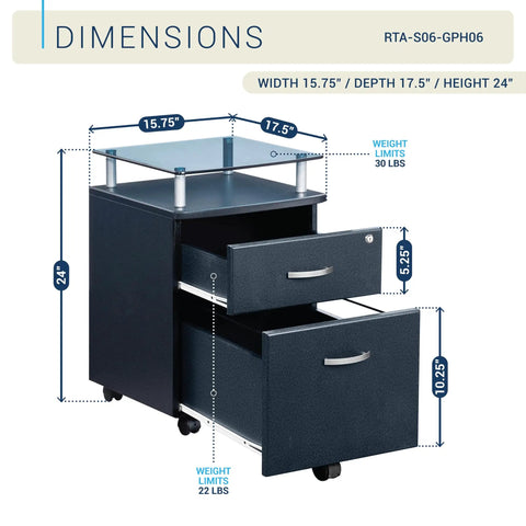 Heavy Duty Two Drawer Rolling File Cabinet With Secure Lock And Sleek Glass Top Fits Under Desk shown with measurements and details