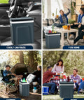 Portable 27 Quart Electric Cooler And Warmer For Car Or Home With Handle 12V/24V DC And 100-240V AC in camping setting.